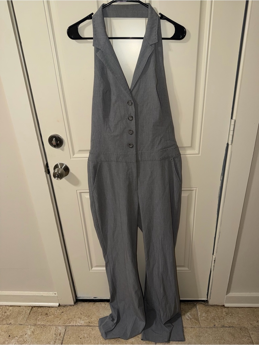 bebe Gray Halter Button-Front Wide-Leg Jumpsuit